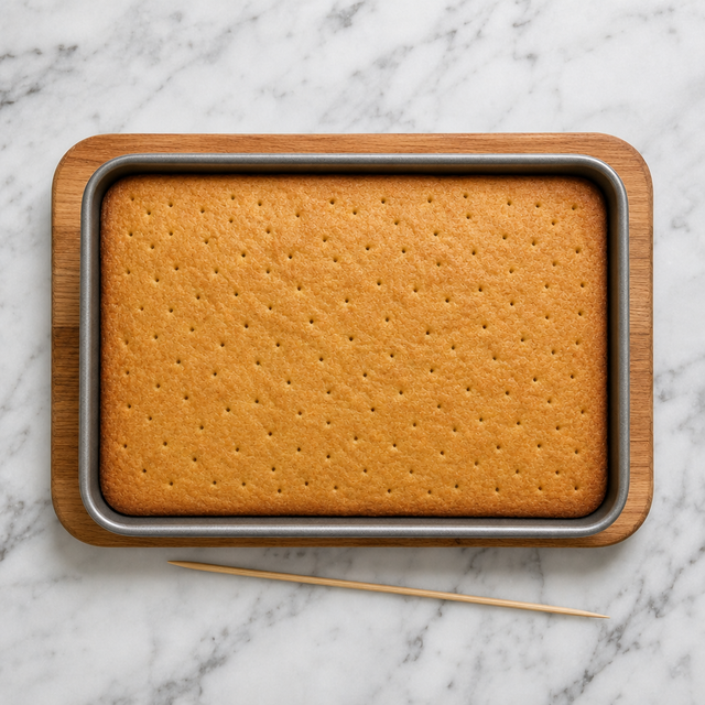 Golden sponge cake pierced so it can absorb the milk mixture