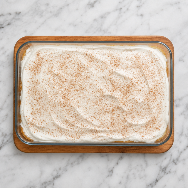 Tres leches cake topped with whipped cream and cinnamon
