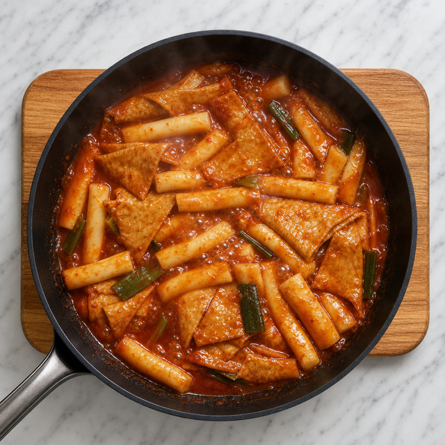 Rice cakes and fish cake simmering in a glossy red tteokbokki sauce