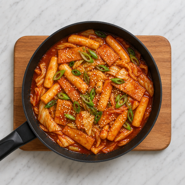 Finished tteokbokki garnished with scallions and toasted sesame seeds