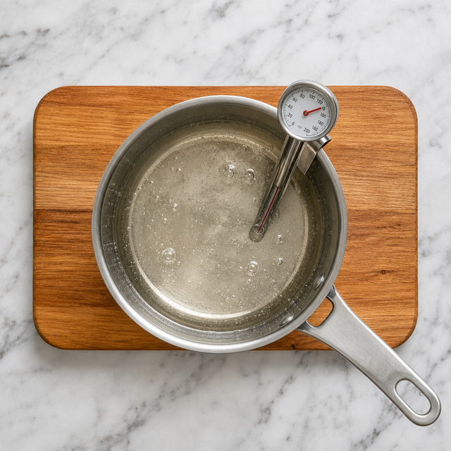 Clear sugar syrup reaching 115°C in a saucepan