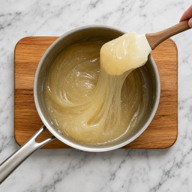 Glossy elastic Turkish delight mixture being lifted from the pan