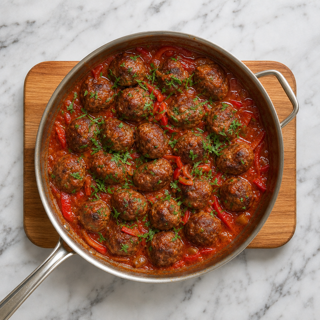 Turkish Köfte simmered in tomato and pepper sauce