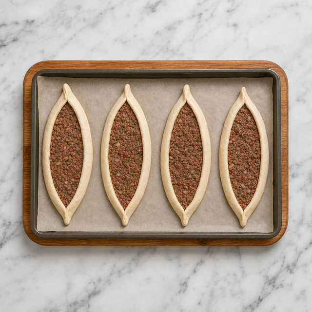 Unbaked Turkish pide boats with minced beef topping