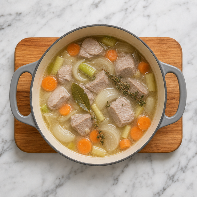 Veal and aromatic vegetables gently simmering in a pale broth