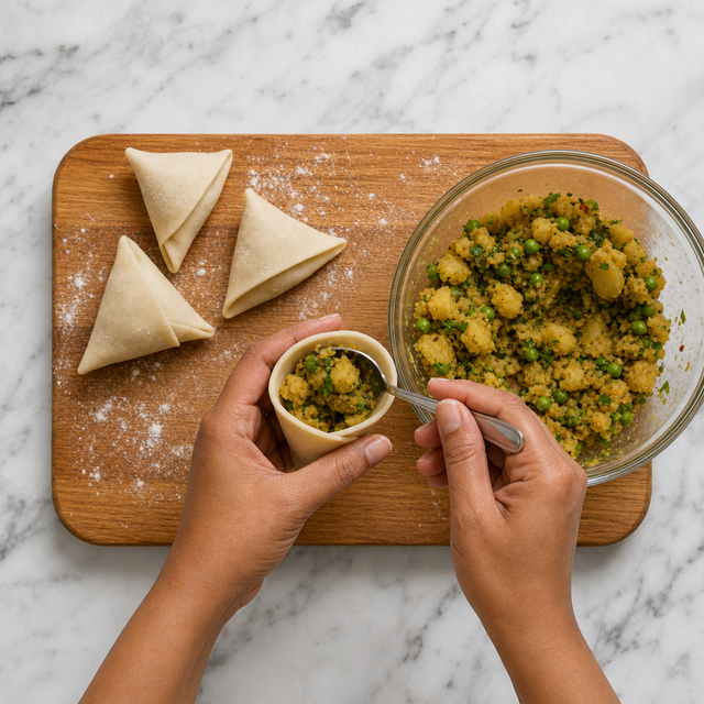 A samosa pastry cone being filled with spiced vegetables