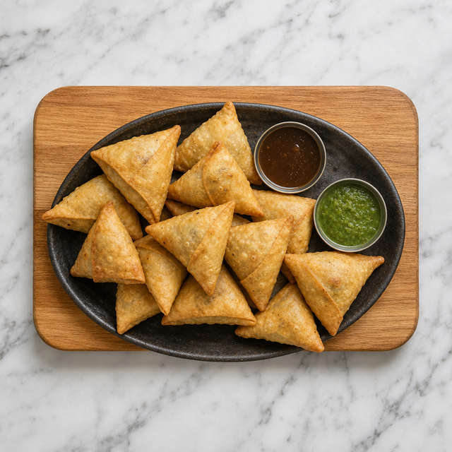 Golden vegetable samosas served with tamarind and green chutney
