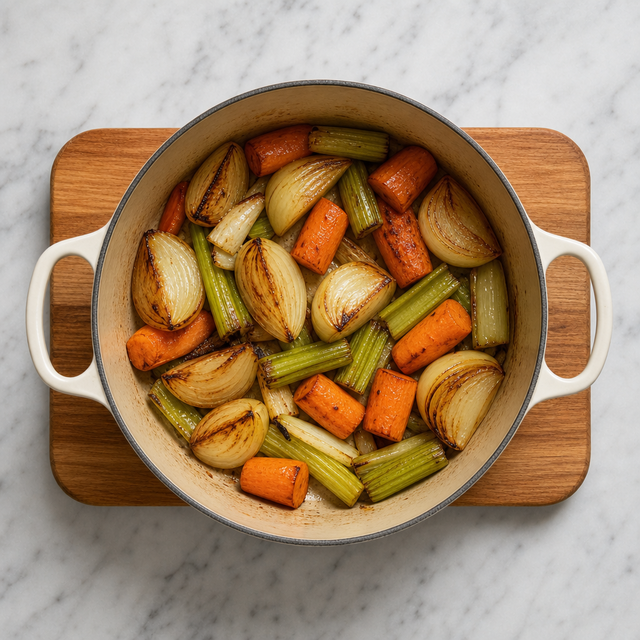 Vegetables browning in a heavy pot for vegetable stock