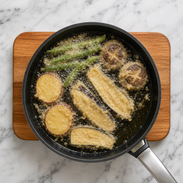 Vegetable tempura frying to a pale golden, crisp finish