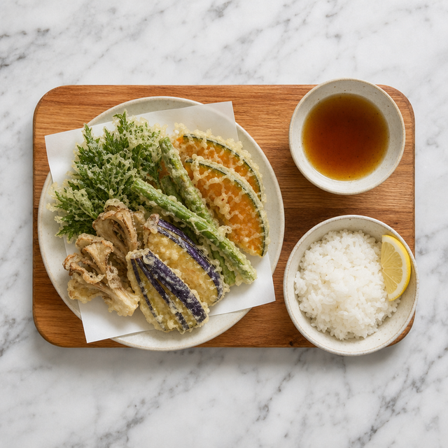 A plate of assorted vegetable tempura with warm dipping sauce