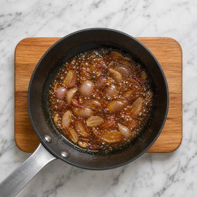 Deep amber caramel bubbling in the skillet