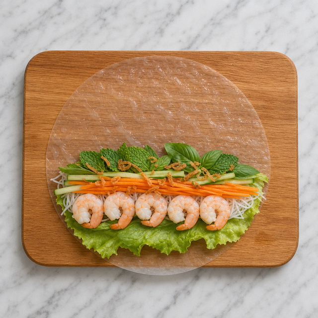 Colorful spring roll filling arranged on a softened rice-paper wrapper