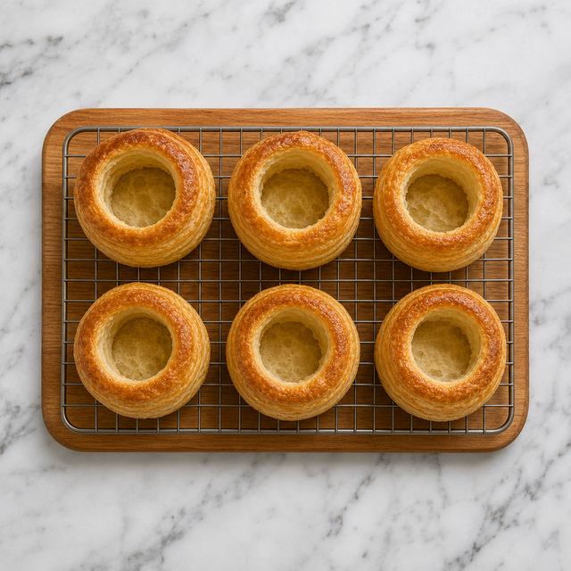 Golden baked vol-au-vent pastry cases with hollow centers