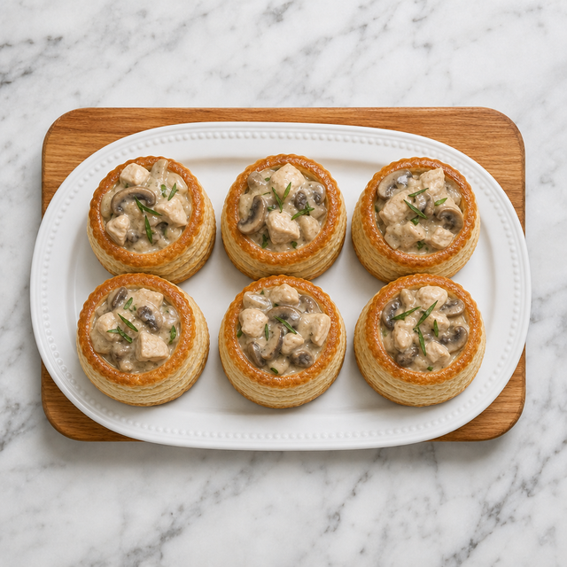 Finished vol-au-vent filled with creamy chicken and mushrooms
