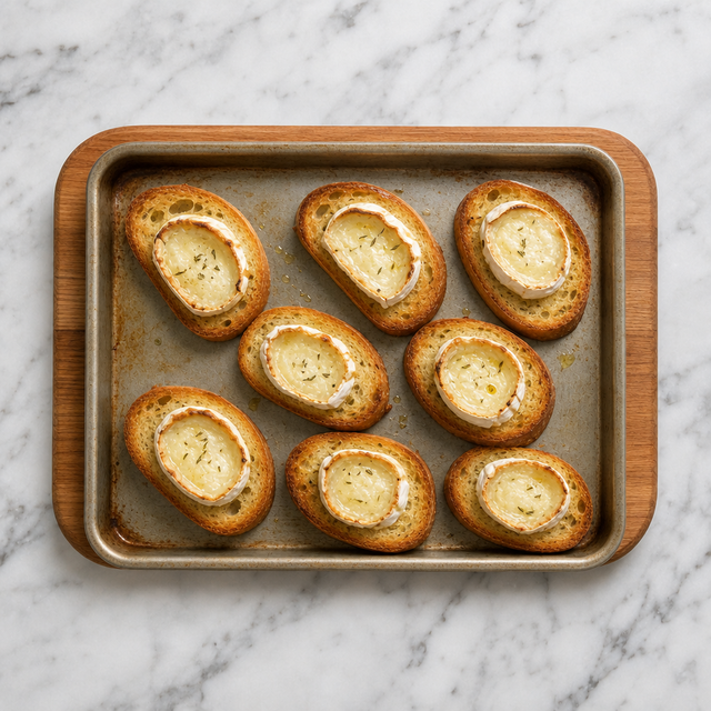 Warm goat cheese rounds on golden toasted baguette