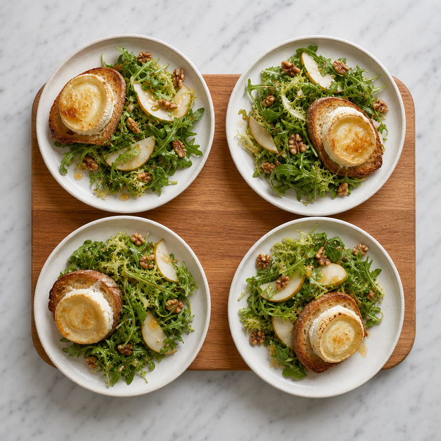 Plated warm goat cheese salad with pear and walnuts