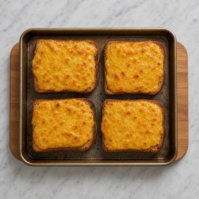 Toast slices covered with thick golden rarebit topping