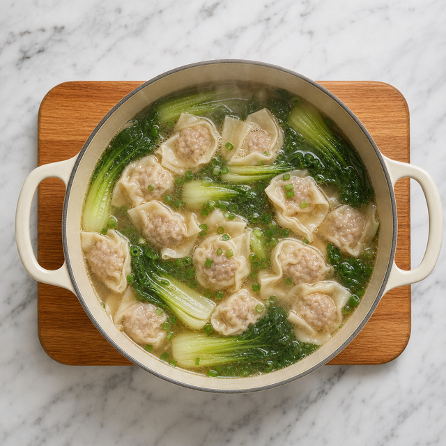 Wontons floating in clear broth with bok choy