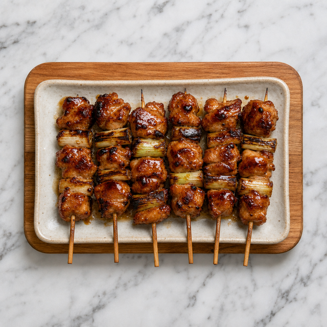 Glossy caramelized yakitori skewers with charred scallions
