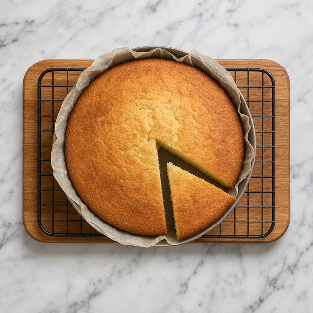 Golden French yogurt cake cooling on a wire rack with one slice cut