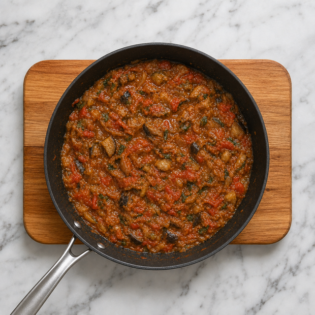 Soft eggplant and tomato mixture simmering in a skillet for zaalouk