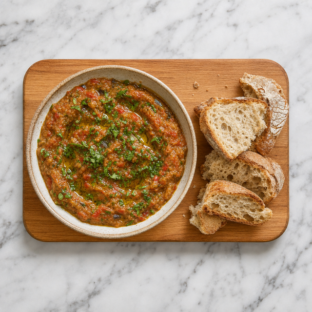 Moroccan zaalouk eggplant and tomato dip garnished with herbs and olive oil