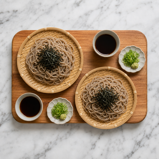 Zaru soba arranged with dipping sauce, nori, scallions, and wasabi