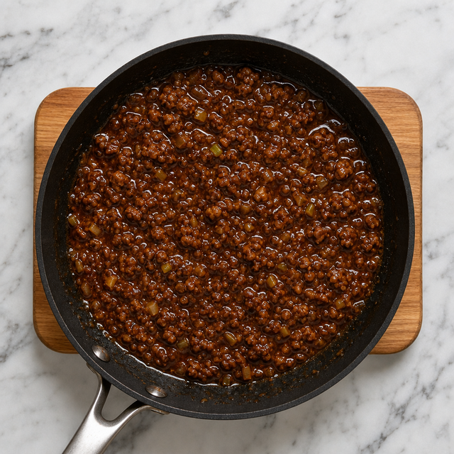 Glossy pork and fermented bean sauce simmering in a skillet