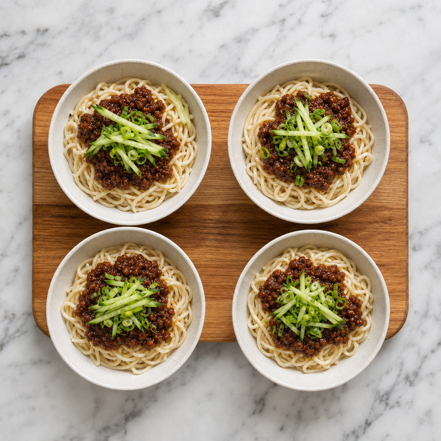 Zhajiangmian noodles topped with pork sauce, cucumber, and scallions
