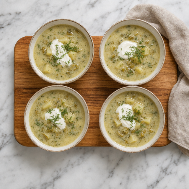 Bowls of finished Polish cucumber soup garnished with dill and sour cream