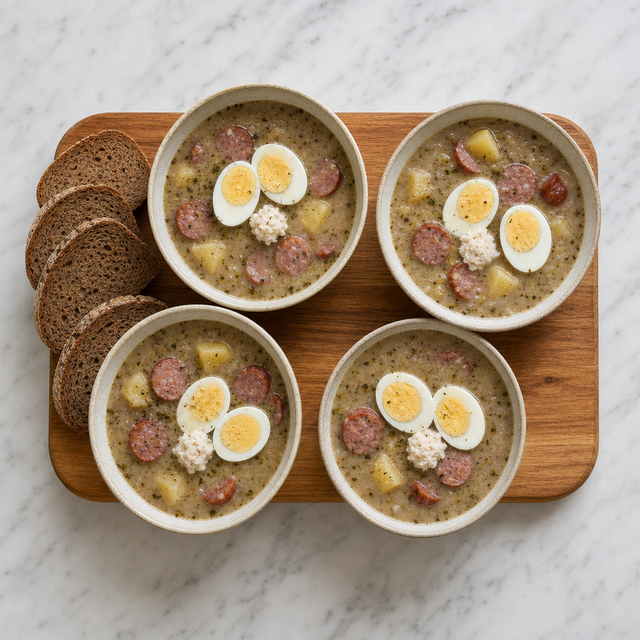 A bowl of Żurek topped with sausage and halved eggs