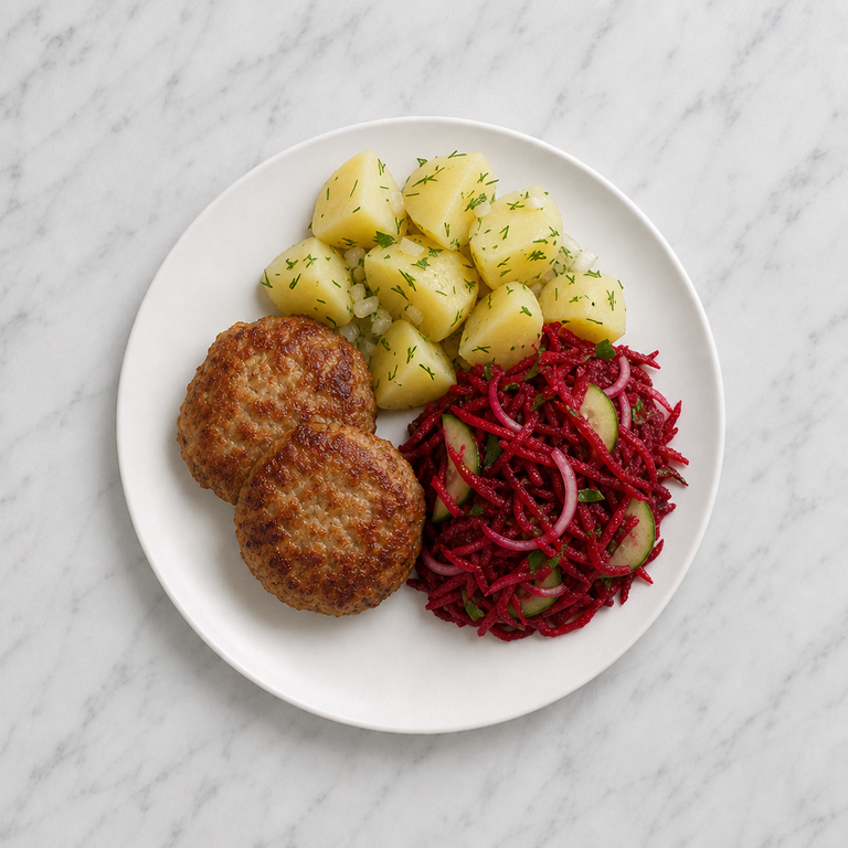 Polish-Style Pork Patties with Potatoes and Raw Beet Slaw